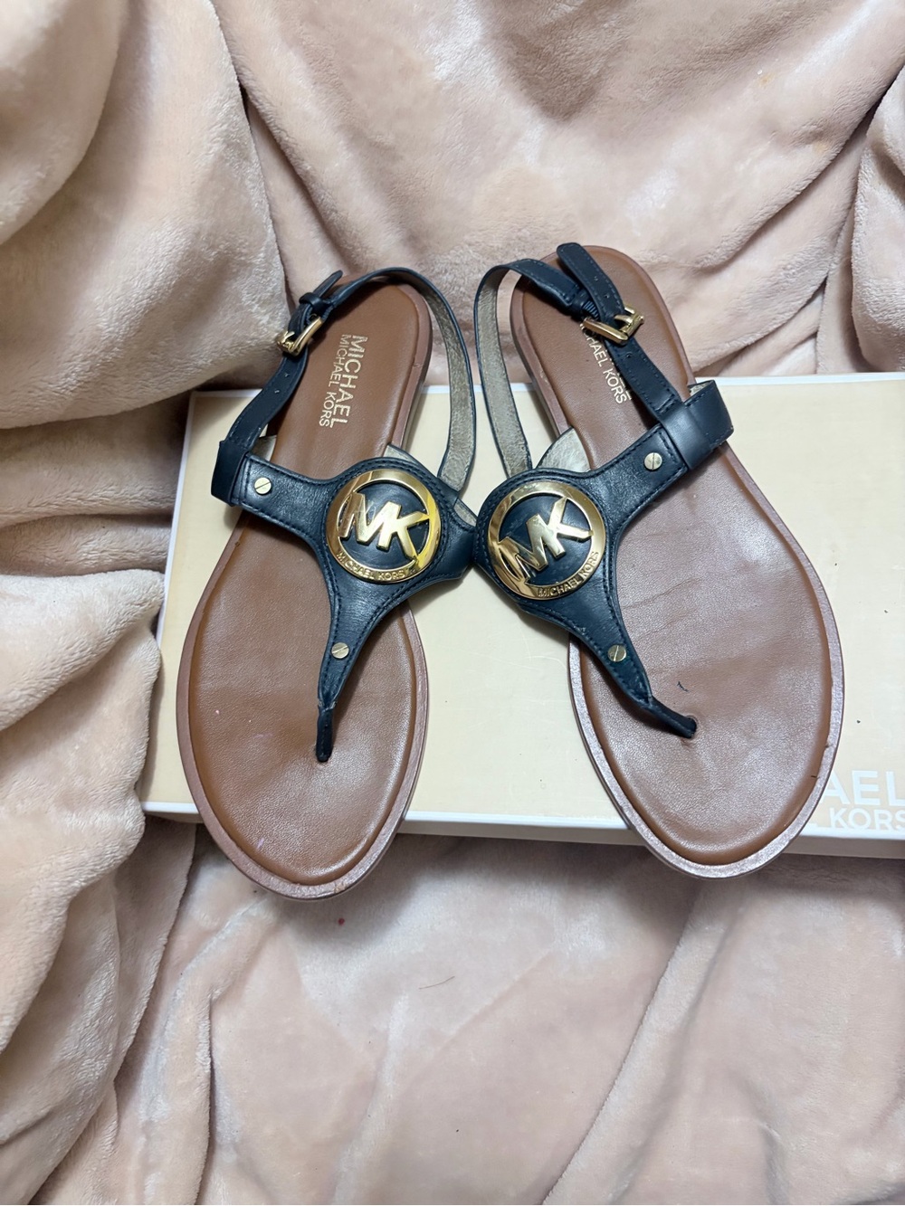 Michael Kors Navy Leather Thong Sandals with Gold MK Medallions